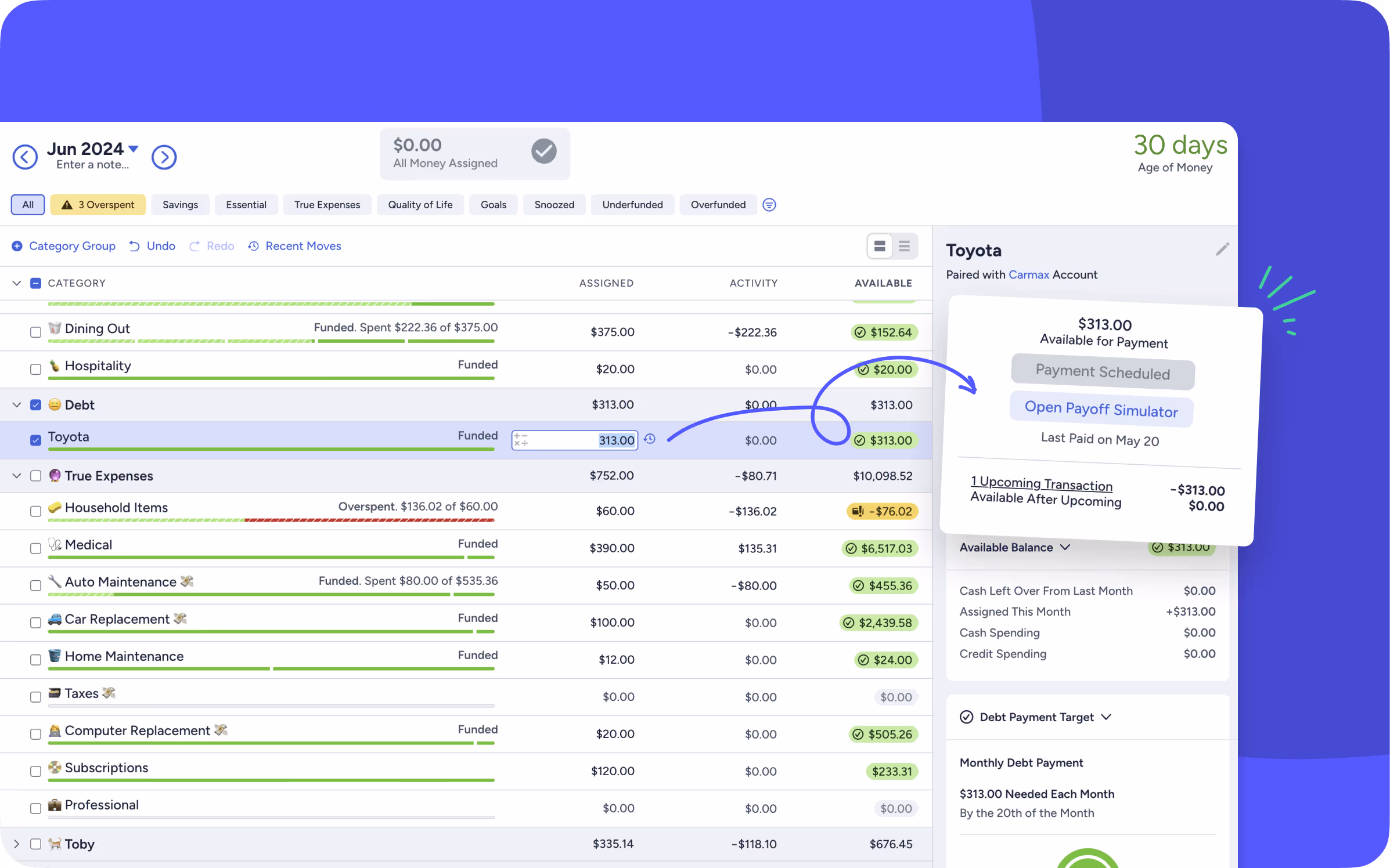 The "Open Payoff Simulator" panel in the YNAB web app